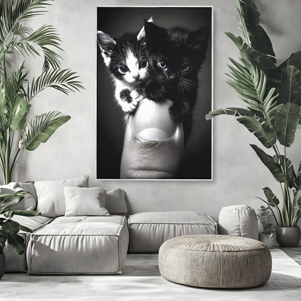 Tablou Canvas Premium, LuxCanva® M1210, Inceput de Viata, Pui, Pisici, Inocenta, Pereche, Feline, Dragalas, Jucaus, Prietenie, Adorabil, Alb si Negru, Copilarie, Birou, Living, Camera Copil