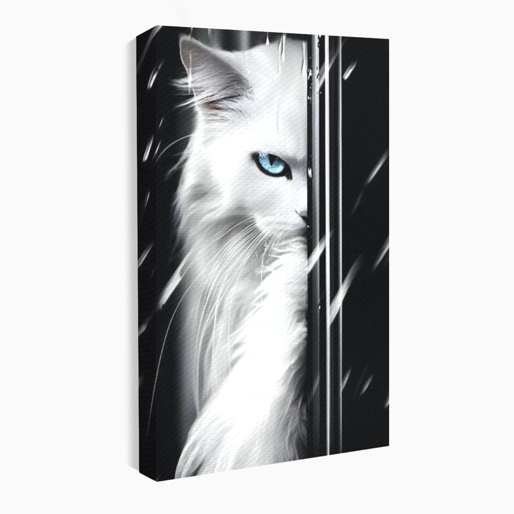 Leinwand Wandkunst Canvas Premium, LuxCanva® M1211, Unter dem Schleier der Nacht, Blick, Katze, versteckt, heimlich, Nacht, pelzig, katzenartig, Regen, Kontrast, Geheimnis, Büro, Wohnen, Wohnzimmer, Babyzimmer