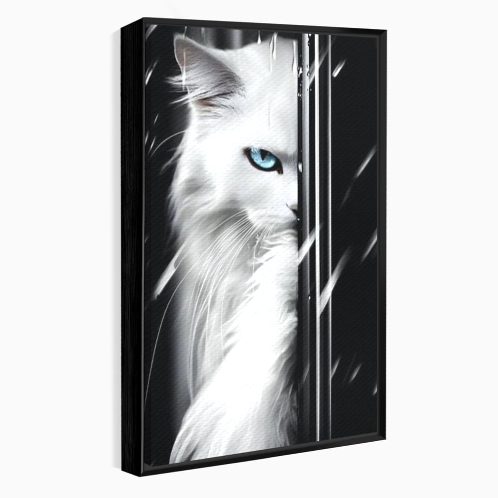 Leinwand Wandkunst Canvas Premium, LuxCanva® M1211, Unter dem Schleier der Nacht, Blick, Katze, versteckt, heimlich, Nacht, pelzig, katzenartig, Regen, Kontrast, Geheimnis, Büro, Wohnen, Wohnzimmer, Babyzimmer