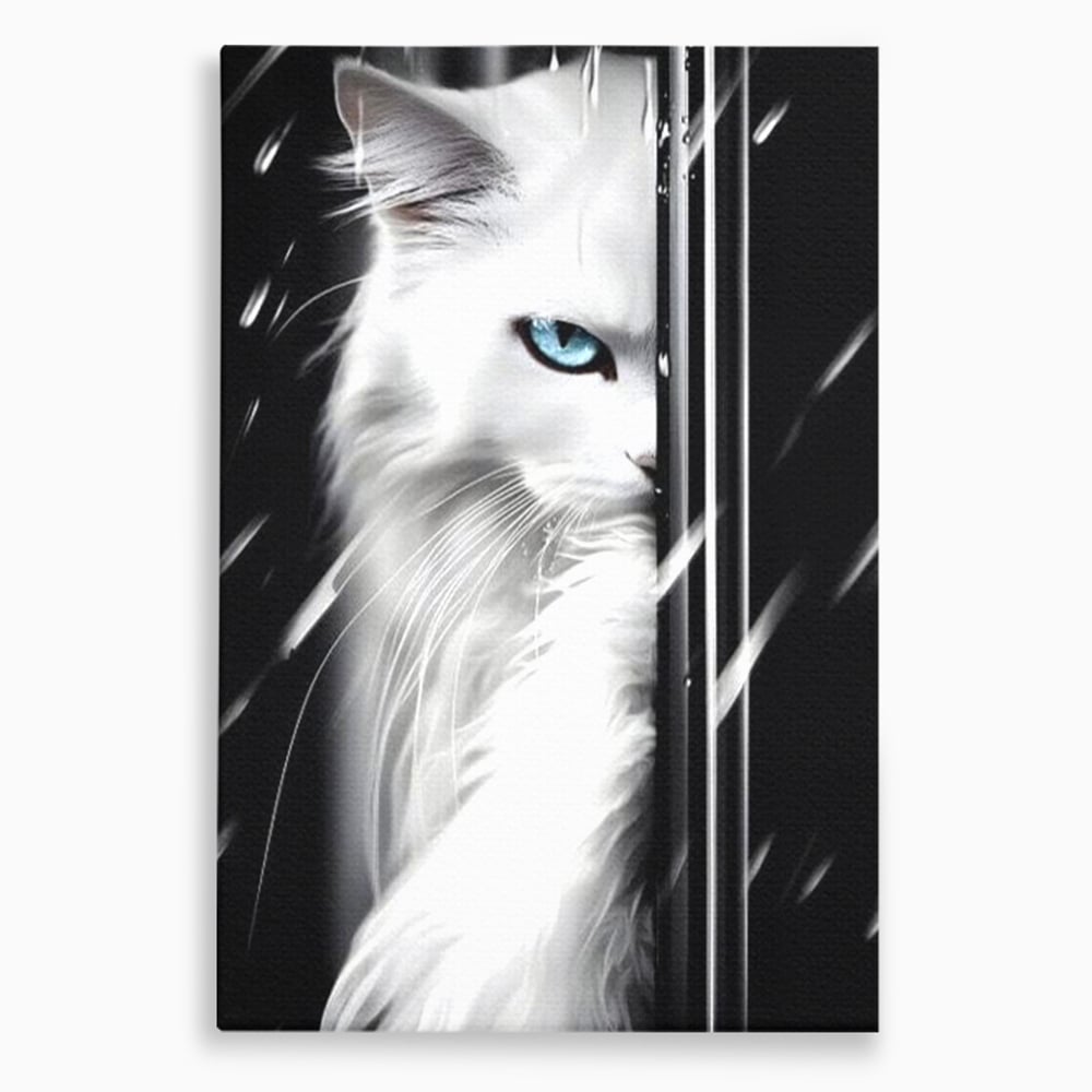 Leinwand Wandkunst Canvas Premium, LuxCanva® M1211, Unter dem Schleier der Nacht, Blick, Katze, versteckt, heimlich, Nacht, pelzig, katzenartig, Regen, Kontrast, Geheimnis, Büro, Wohnen, Wohnzimmer, Babyzimmer