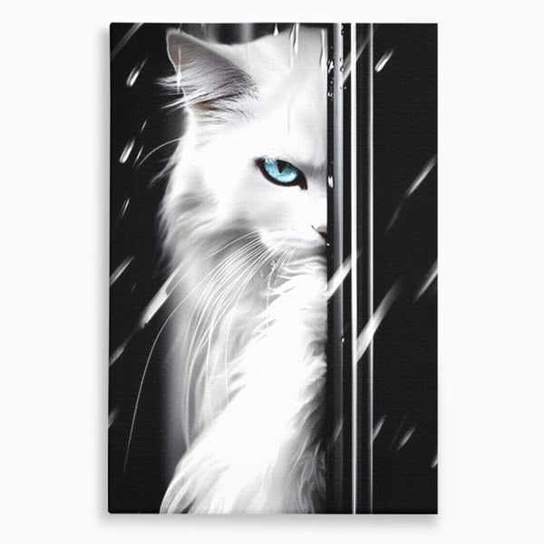 Leinwand Wandkunst Canvas Premium, LuxCanva® M1211, Unter dem Schleier der Nacht, Blick, Katze, versteckt, heimlich, Nacht, pelzig, katzenartig, Regen, Kontrast, Geheimnis, Büro, Wohnen, Wohnzimmer, Babyzimmer