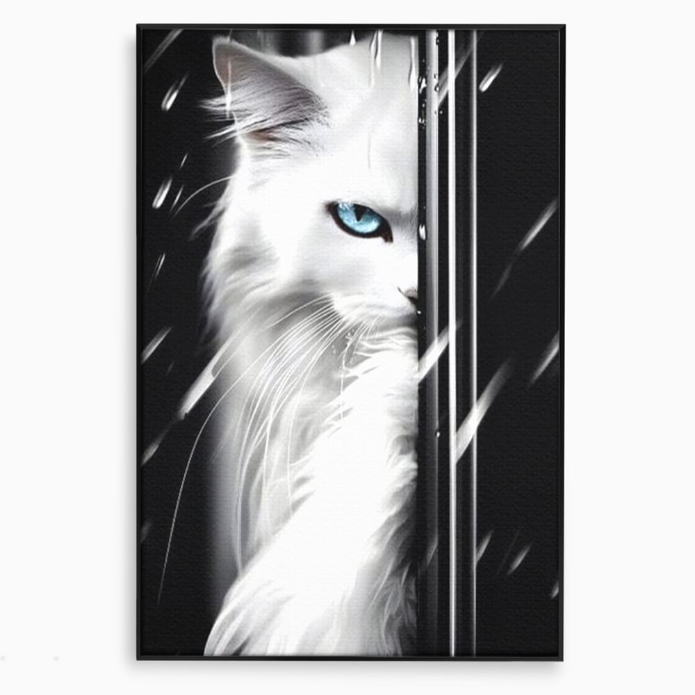 Leinwand Wandkunst Canvas Premium, LuxCanva® M1211, Unter dem Schleier der Nacht, Blick, Katze, versteckt, heimlich, Nacht, pelzig, katzenartig, Regen, Kontrast, Geheimnis, Büro, Wohnen, Wohnzimmer, Babyzimmer