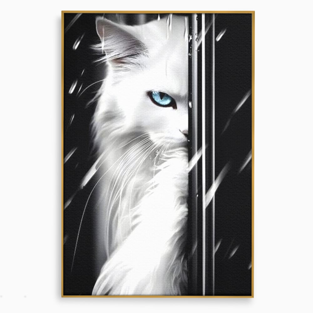 Leinwand Wandkunst Canvas Premium, LuxCanva® M1211, Unter dem Schleier der Nacht, Blick, Katze, versteckt, heimlich, Nacht, pelzig, katzenartig, Regen, Kontrast, Geheimnis, Büro, Wohnen, Wohnzimmer, Babyzimmer