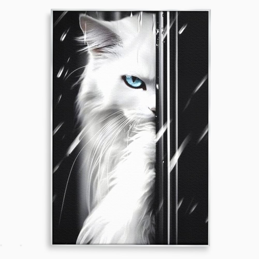 Leinwand Wandkunst Canvas Premium, LuxCanva® M1211, Unter dem Schleier der Nacht, Blick, Katze, versteckt, heimlich, Nacht, pelzig, katzenartig, Regen, Kontrast, Geheimnis, Büro, Wohnen, Wohnzimmer, Babyzimmer