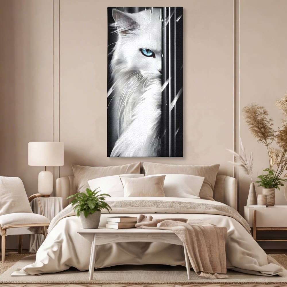 Leinwand Wandkunst Canvas Premium, LuxCanva® M1211, Unter dem Schleier der Nacht, Blick, Katze, versteckt, heimlich, Nacht, pelzig, katzenartig, Regen, Kontrast, Geheimnis, Büro, Wohnen, Wohnzimmer, Babyzimmer