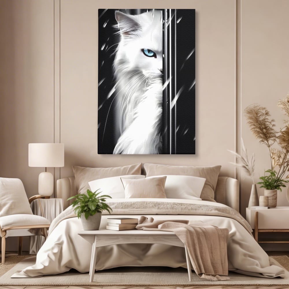 Leinwand Wandkunst Canvas Premium, LuxCanva® M1211, Unter dem Schleier der Nacht, Blick, Katze, versteckt, heimlich, Nacht, pelzig, katzenartig, Regen, Kontrast, Geheimnis, Büro, Wohnen, Wohnzimmer, Babyzimmer