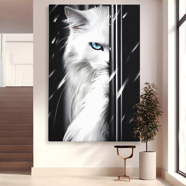 Leinwand Wandkunst Canvas Premium, LuxCanva® M1211, Unter dem Schleier der Nacht, Blick, Katze, versteckt, heimlich, Nacht, pelzig, katzenartig, Regen, Kontrast, Geheimnis, Büro, Wohnen, Wohnzimmer, Babyzimmer