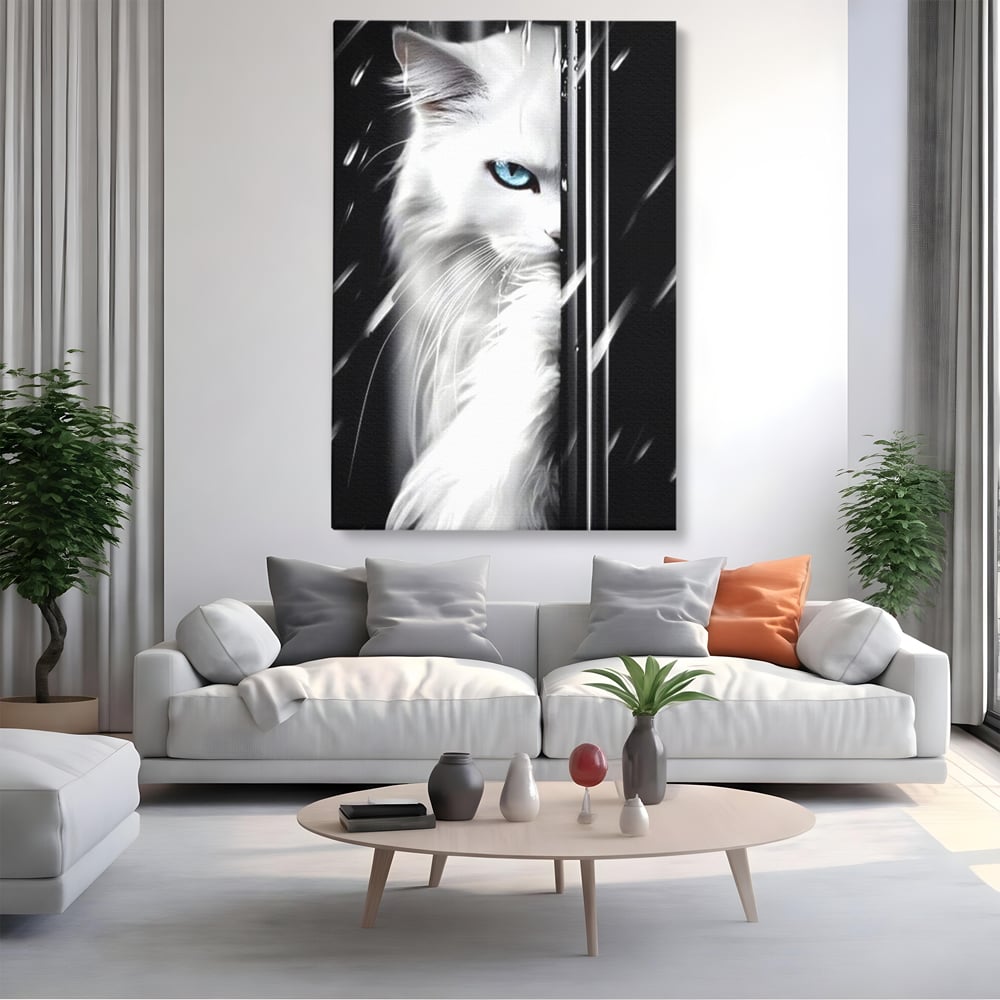 Leinwand Wandkunst Canvas Premium, LuxCanva® M1211, Unter dem Schleier der Nacht, Blick, Katze, versteckt, heimlich, Nacht, pelzig, katzenartig, Regen, Kontrast, Geheimnis, Büro, Wohnen, Wohnzimmer, Babyzimmer