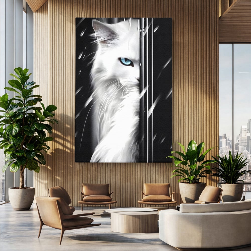 Leinwand Wandkunst Canvas Premium, LuxCanva® M1211, Unter dem Schleier der Nacht, Blick, Katze, versteckt, heimlich, Nacht, pelzig, katzenartig, Regen, Kontrast, Geheimnis, Büro, Wohnen, Wohnzimmer, Babyzimmer