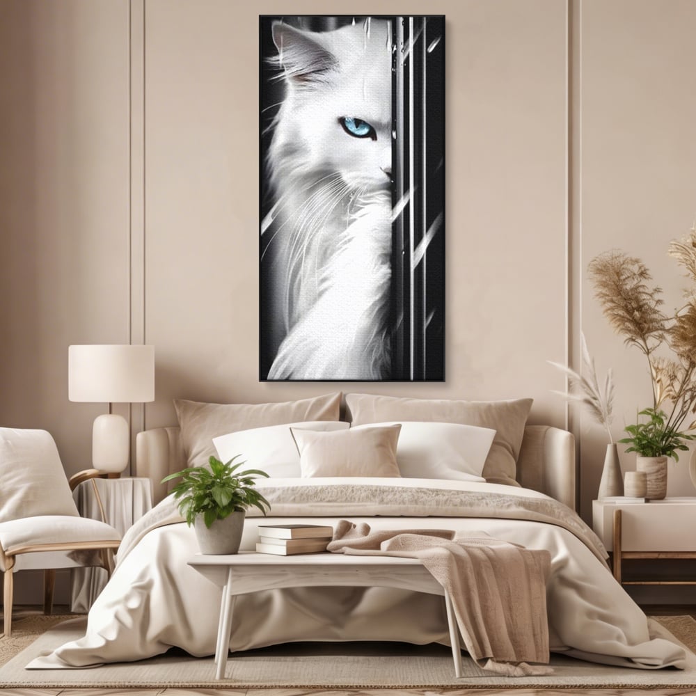 Leinwand Wandkunst Canvas Premium, LuxCanva® M1211, Unter dem Schleier der Nacht, Blick, Katze, versteckt, heimlich, Nacht, pelzig, katzenartig, Regen, Kontrast, Geheimnis, Büro, Wohnen, Wohnzimmer, Babyzimmer