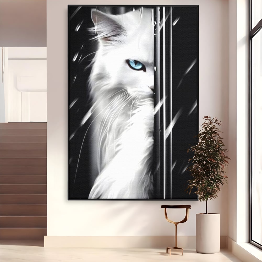 Leinwand Wandkunst Canvas Premium, LuxCanva® M1211, Unter dem Schleier der Nacht, Blick, Katze, versteckt, heimlich, Nacht, pelzig, katzenartig, Regen, Kontrast, Geheimnis, Büro, Wohnen, Wohnzimmer, Babyzimmer