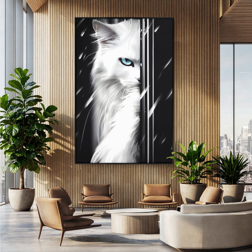 Leinwand Wandkunst Canvas Premium, LuxCanva® M1211, Unter dem Schleier der Nacht, Blick, Katze, versteckt, heimlich, Nacht, pelzig, katzenartig, Regen, Kontrast, Geheimnis, Büro, Wohnen, Wohnzimmer, Babyzimmer