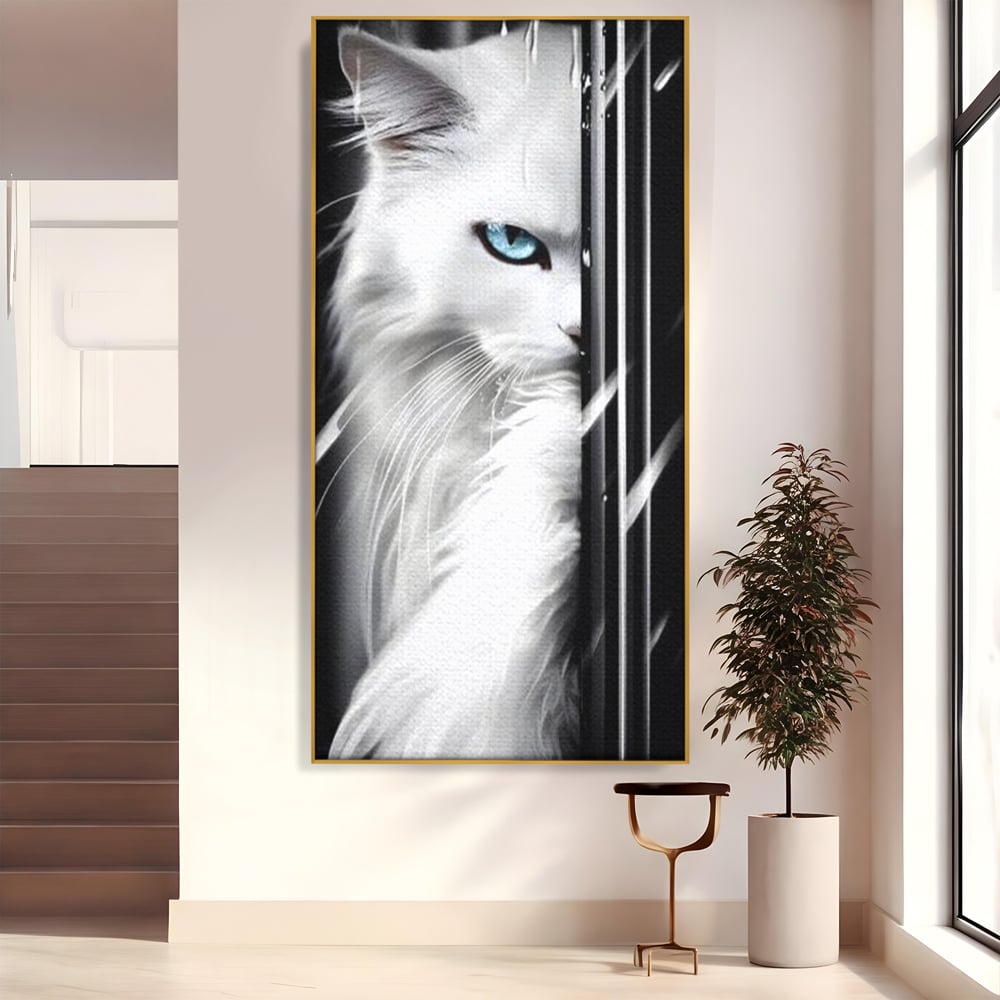 Leinwand Wandkunst Canvas Premium, LuxCanva® M1211, Unter dem Schleier der Nacht, Blick, Katze, versteckt, heimlich, Nacht, pelzig, katzenartig, Regen, Kontrast, Geheimnis, Büro, Wohnen, Wohnzimmer, Babyzimmer