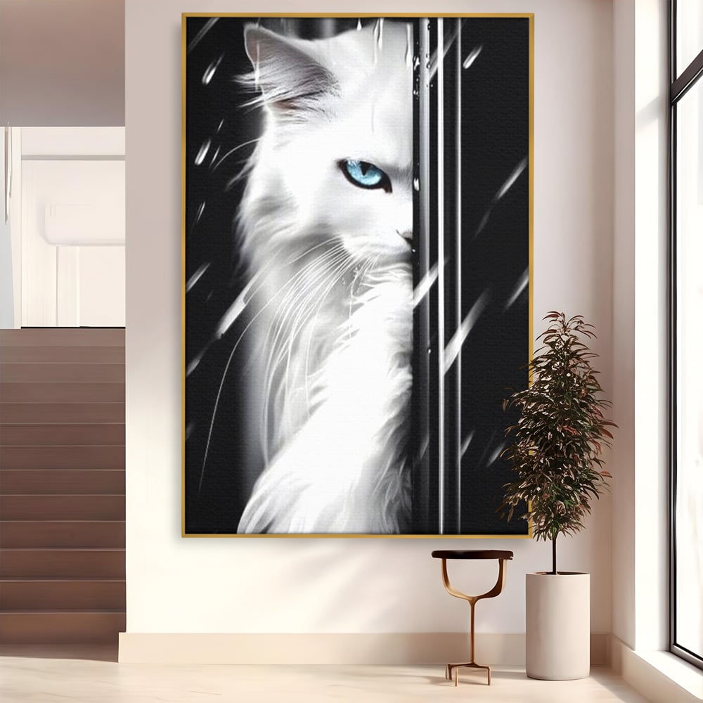 Leinwand Wandkunst Canvas Premium, LuxCanva® M1211, Unter dem Schleier der Nacht, Blick, Katze, versteckt, heimlich, Nacht, pelzig, katzenartig, Regen, Kontrast, Geheimnis, Büro, Wohnen, Wohnzimmer, Babyzimmer