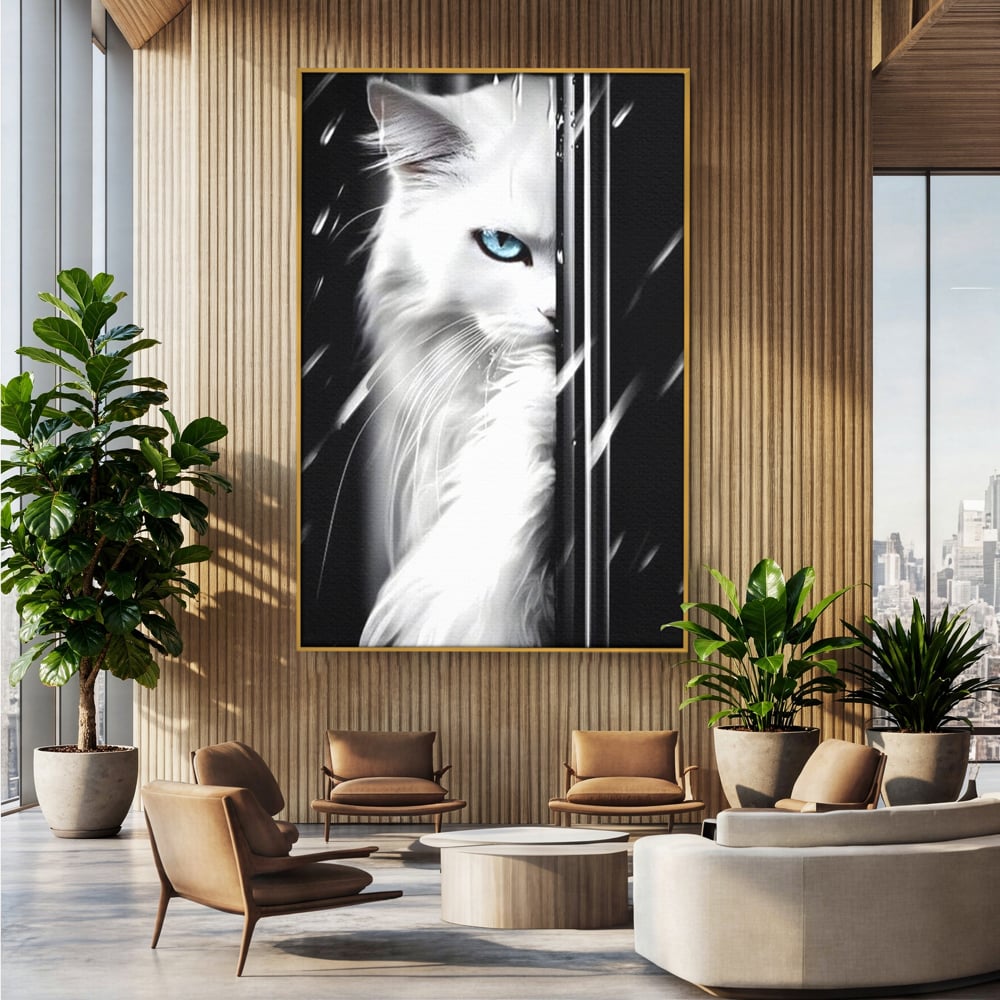 Leinwand Wandkunst Canvas Premium, LuxCanva® M1211, Unter dem Schleier der Nacht, Blick, Katze, versteckt, heimlich, Nacht, pelzig, katzenartig, Regen, Kontrast, Geheimnis, Büro, Wohnen, Wohnzimmer, Babyzimmer