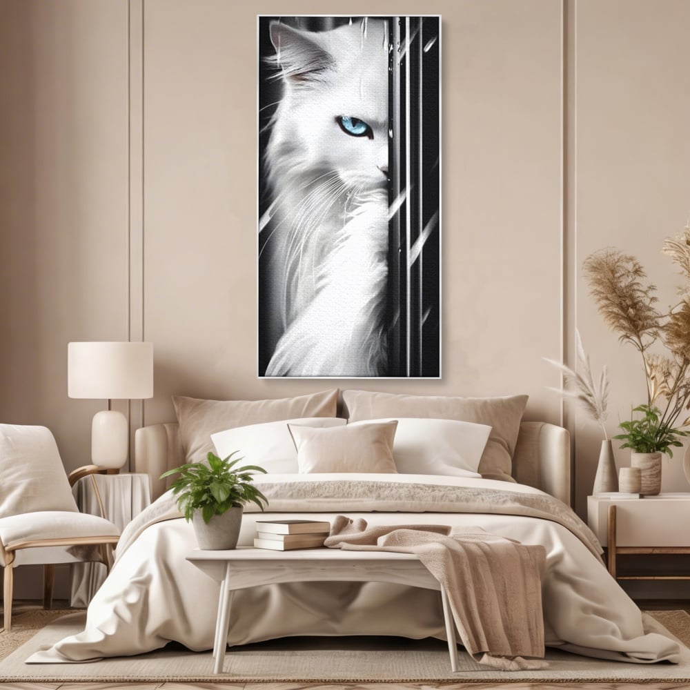 Leinwand Wandkunst Canvas Premium, LuxCanva® M1211, Unter dem Schleier der Nacht, Blick, Katze, versteckt, heimlich, Nacht, pelzig, katzenartig, Regen, Kontrast, Geheimnis, Büro, Wohnen, Wohnzimmer, Babyzimmer