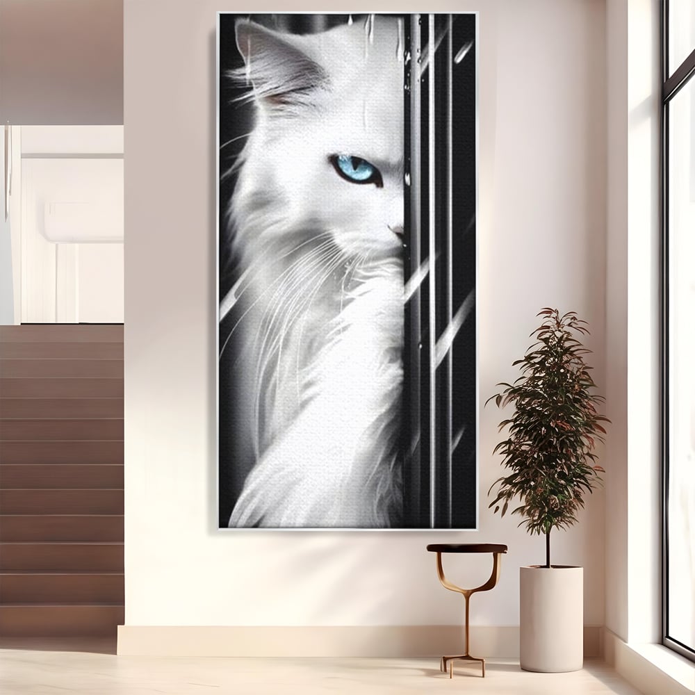 Leinwand Wandkunst Canvas Premium, LuxCanva® M1211, Unter dem Schleier der Nacht, Blick, Katze, versteckt, heimlich, Nacht, pelzig, katzenartig, Regen, Kontrast, Geheimnis, Büro, Wohnen, Wohnzimmer, Babyzimmer