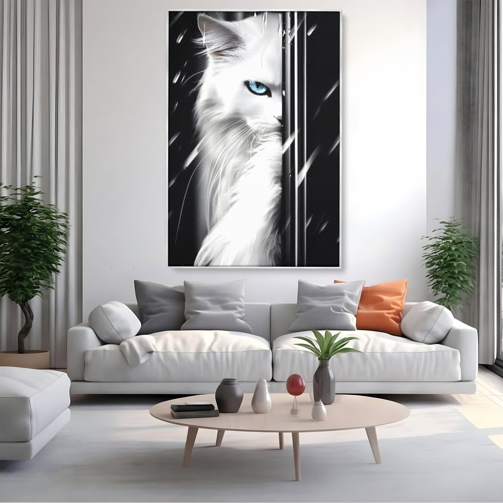 Leinwand Wandkunst Canvas Premium, LuxCanva® M1211, Unter dem Schleier der Nacht, Blick, Katze, versteckt, heimlich, Nacht, pelzig, katzenartig, Regen, Kontrast, Geheimnis, Büro, Wohnen, Wohnzimmer, Babyzimmer