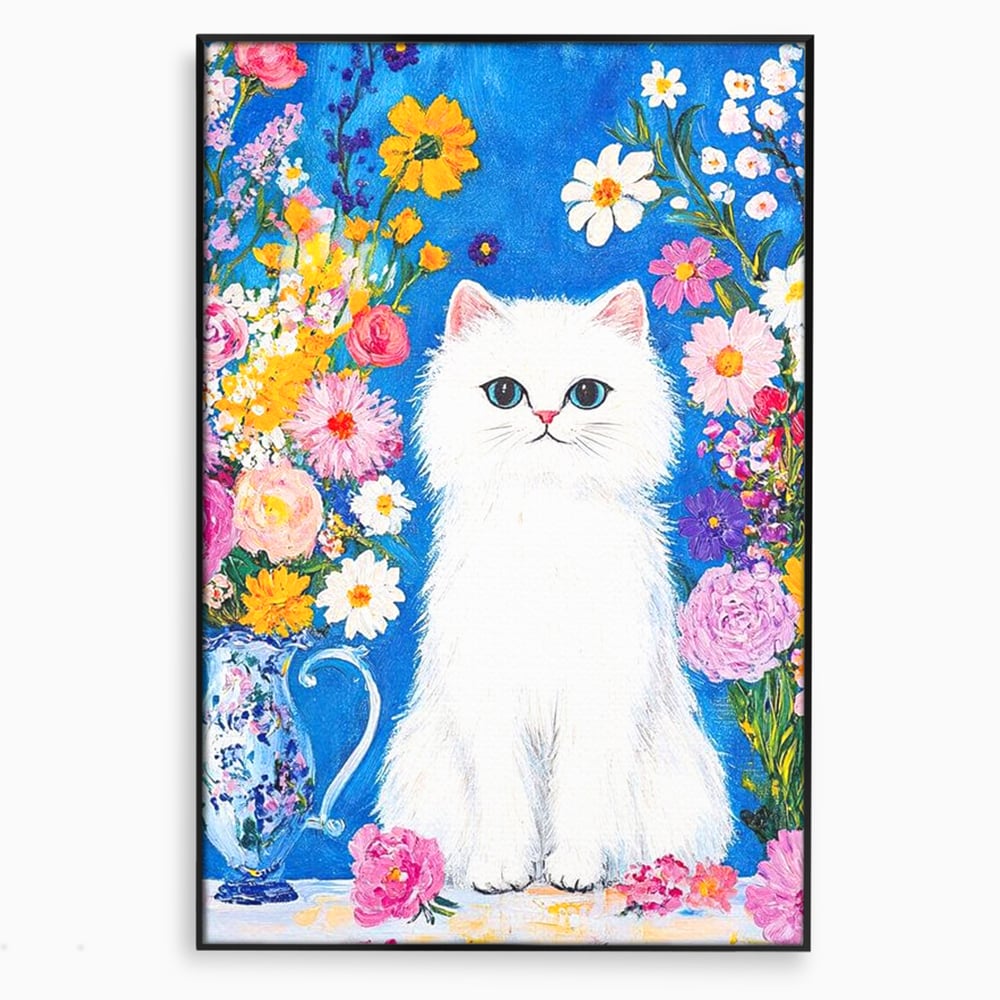 Leinwand Premium Leinwand Wandbilder, LuxCanva® M1213, Pastell Leinwandbilder, Pastell Gedicht, Malerei, Blumen, Mehrfarbig, Vase, Katze, Frühling, Pastell, Feline, Flauschig, Liebenswert, Heiter, Büro, Wohnen, Kinderzimmer