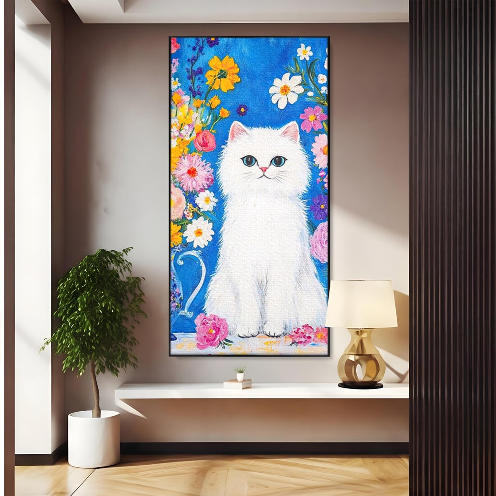 Leinwand Premium Leinwand Wandbilder, LuxCanva® M1213, Pastell Leinwandbilder, Pastell Gedicht, Malerei, Blumen, Mehrfarbig, Vase, Katze, Frühling, Pastell, Feline, Flauschig, Liebenswert, Heiter, Büro, Wohnen, Kinderzimmer