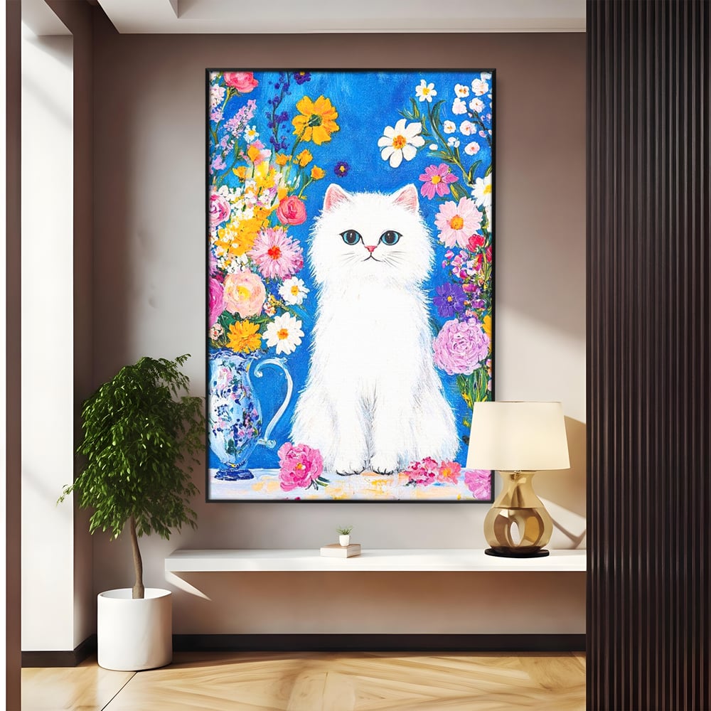 Leinwand Premium Leinwand Wandbilder, LuxCanva® M1213, Pastell Leinwandbilder, Pastell Gedicht, Malerei, Blumen, Mehrfarbig, Vase, Katze, Frühling, Pastell, Feline, Flauschig, Liebenswert, Heiter, Büro, Wohnen, Kinderzimmer