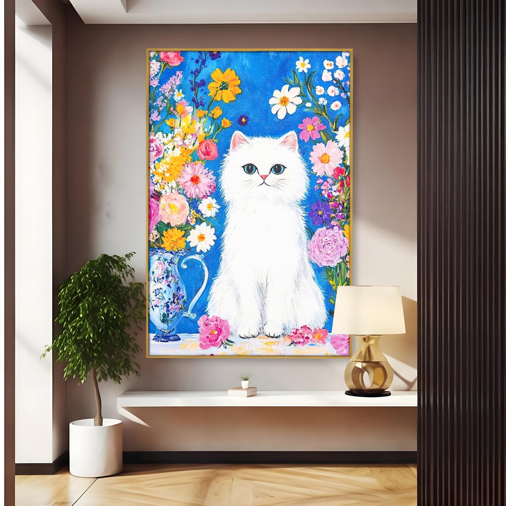 Leinwand Premium Leinwand Wandbilder, LuxCanva® M1213, Pastell Leinwandbilder, Pastell Gedicht, Malerei, Blumen, Mehrfarbig, Vase, Katze, Frühling, Pastell, Feline, Flauschig, Liebenswert, Heiter, Büro, Wohnen, Kinderzimmer