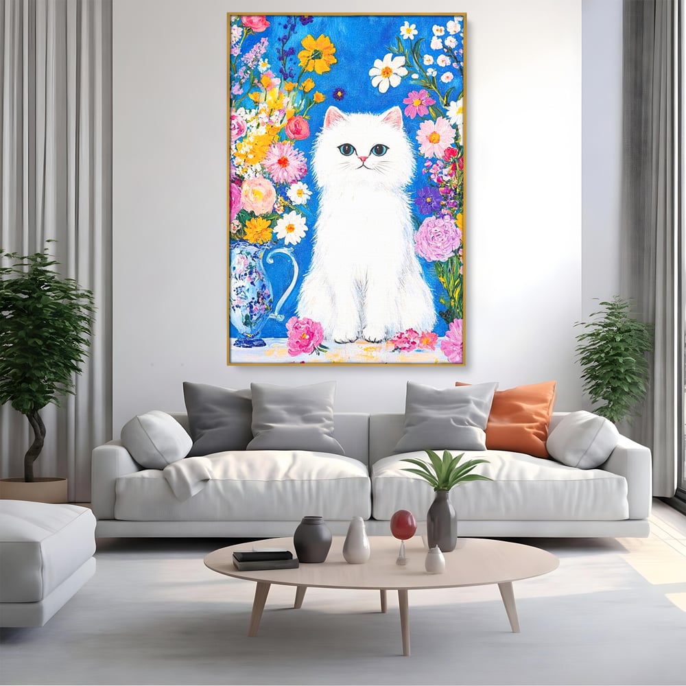 Leinwand Premium Leinwand Wandbilder, LuxCanva® M1213, Pastell Leinwandbilder, Pastell Gedicht, Malerei, Blumen, Mehrfarbig, Vase, Katze, Frühling, Pastell, Feline, Flauschig, Liebenswert, Heiter, Büro, Wohnen, Kinderzimmer