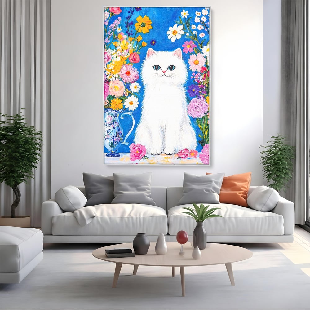Leinwand Premium Leinwand Wandbilder, LuxCanva® M1213, Pastell Leinwandbilder, Pastell Gedicht, Malerei, Blumen, Mehrfarbig, Vase, Katze, Frühling, Pastell, Feline, Flauschig, Liebenswert, Heiter, Büro, Wohnen, Kinderzimmer