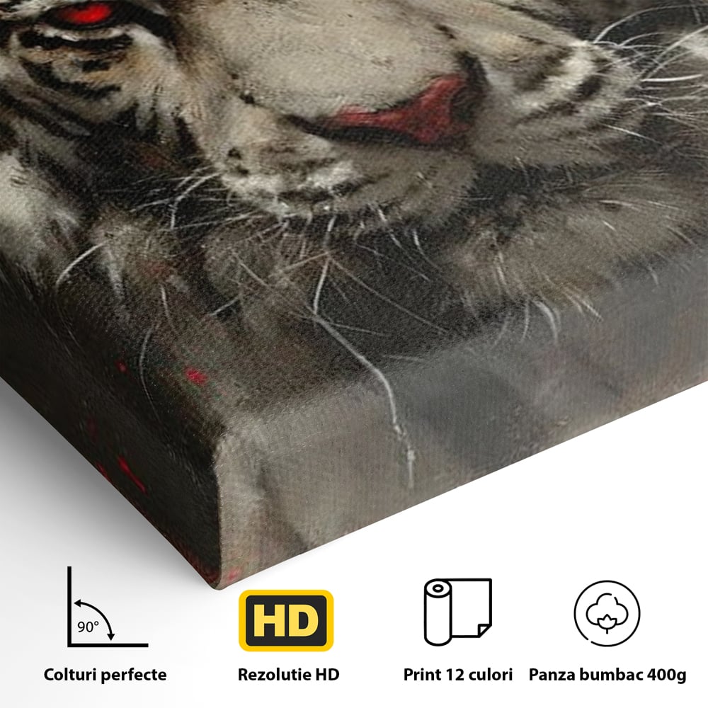 Tablou Canvas Premium, LuxCanva® M1214, Focul din Privire, Tigru, Alb, Rosu, Felina, Privire, Ochi, Fioros, Salbatic, Putere, Mistic, Portret, Furie, Birou, Living, Camera Copil