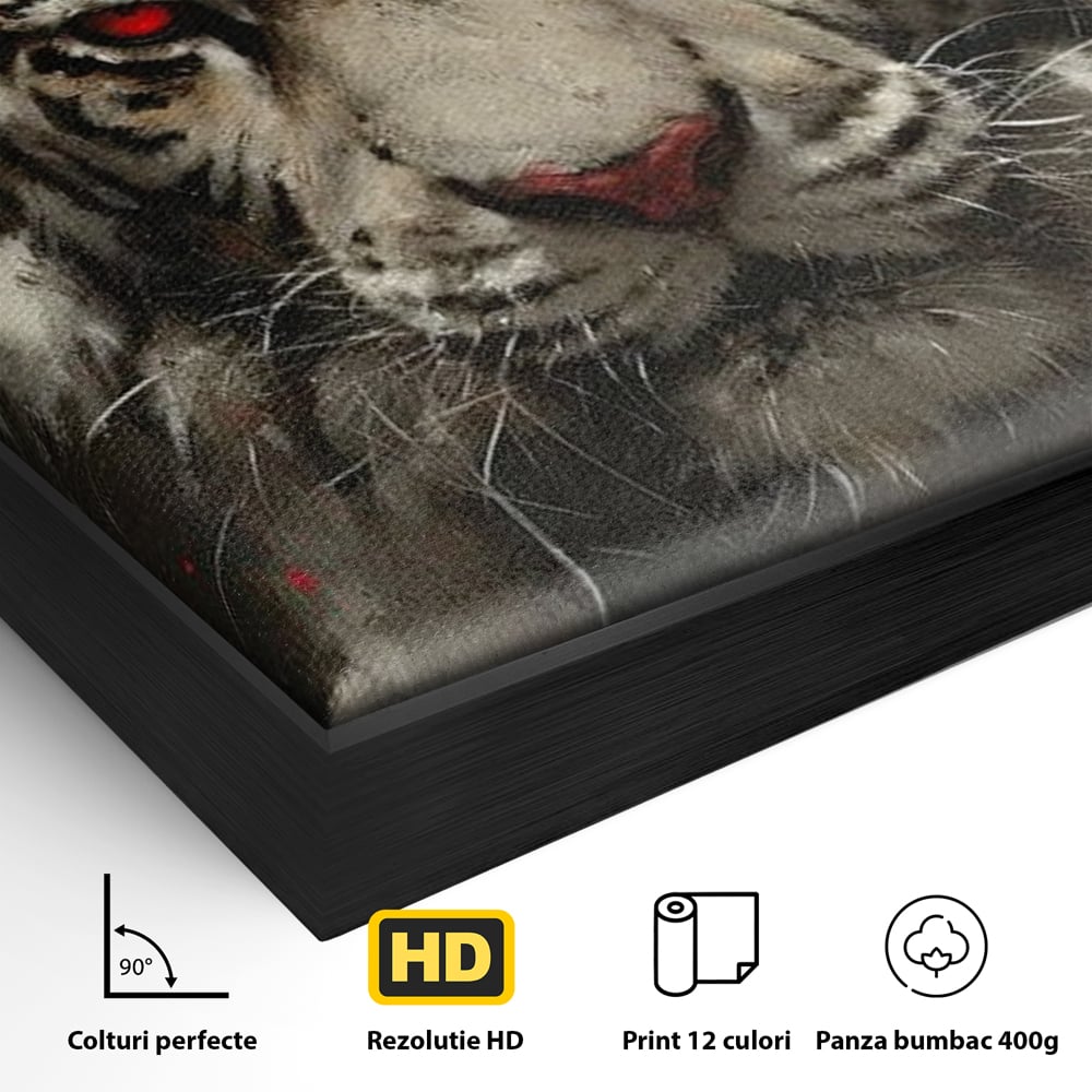 Tablou Canvas Premium, LuxCanva® M1214, Focul din Privire, Tigru, Alb, Rosu, Felina, Privire, Ochi, Fioros, Salbatic, Putere, Mistic, Portret, Furie, Birou, Living, Camera Copil