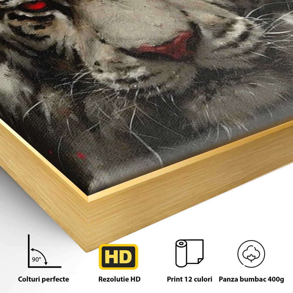 Tablou Canvas Premium, LuxCanva® M1214, Focul din Privire, Tigru, Alb, Rosu, Felina, Privire, Ochi, Fioros, Salbatic, Putere, Mistic, Portret, Furie, Birou, Living, Camera Copil