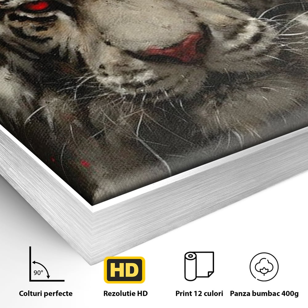 Tablou Canvas Premium, LuxCanva® M1214, Focul din Privire, Tigru, Alb, Rosu, Felina, Privire, Ochi, Fioros, Salbatic, Putere, Mistic, Portret, Furie, Birou, Living, Camera Copil