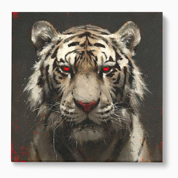 Tablou Canvas Premium, LuxCanva® M1214, Focul din Privire, Tigru, Alb, Rosu, Felina, Privire, Ochi, Fioros, Salbatic, Putere, Mistic, Portret, Furie, Birou, Living, Camera Copil