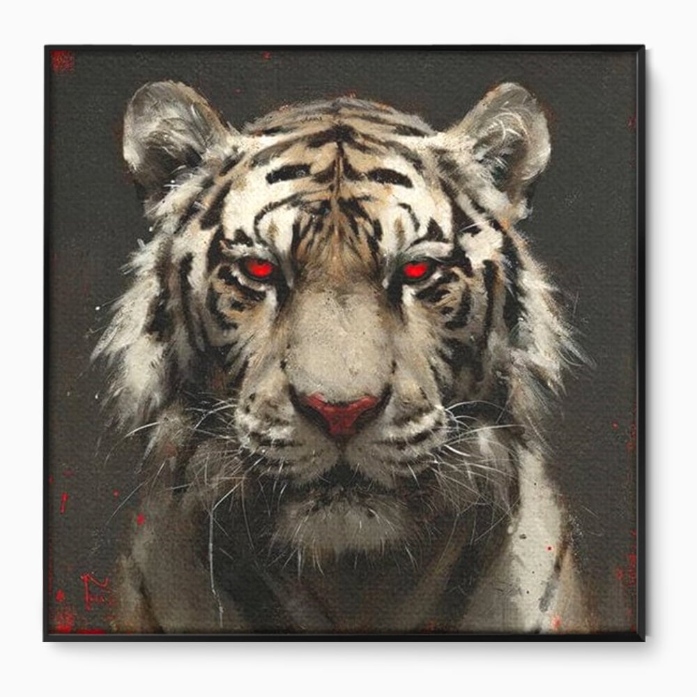 Tablou Canvas Premium, LuxCanva® M1214, Focul din Privire, Tigru, Alb, Rosu, Felina, Privire, Ochi, Fioros, Salbatic, Putere, Mistic, Portret, Furie, Birou, Living, Camera Copil