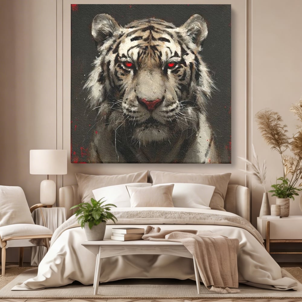 Tablou Canvas Premium, LuxCanva® M1214, Focul din Privire, Tigru, Alb, Rosu, Felina, Privire, Ochi, Fioros, Salbatic, Putere, Mistic, Portret, Furie, Birou, Living, Camera Copil