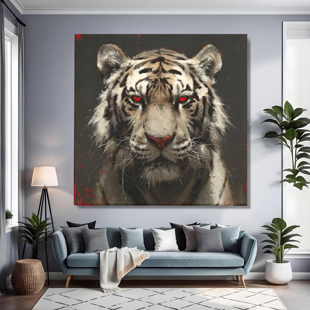 Tablou Canvas Premium, LuxCanva® M1214, Focul din Privire, Tigru, Alb, Rosu, Felina, Privire, Ochi, Fioros, Salbatic, Putere, Mistic, Portret, Furie, Birou, Living, Camera Copil