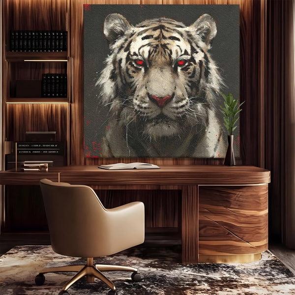 Tablou Canvas Premium, LuxCanva® M1214, Focul din Privire, Tigru, Alb, Rosu, Felina, Privire, Ochi, Fioros, Salbatic, Putere, Mistic, Portret, Furie, Birou, Living, Camera Copil