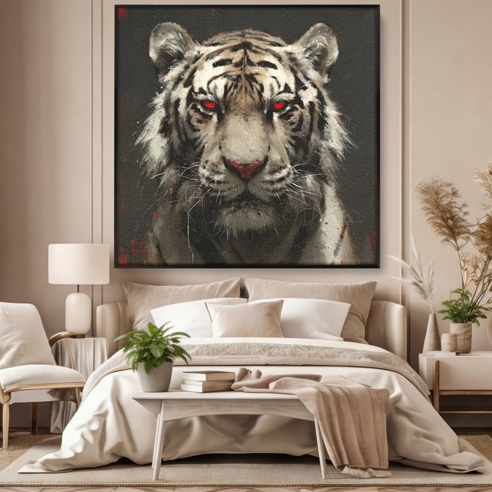 Tablou Canvas Premium, LuxCanva® M1214, Focul din Privire, Tigru, Alb, Rosu, Felina, Privire, Ochi, Fioros, Salbatic, Putere, Mistic, Portret, Furie, Birou, Living, Camera Copil
