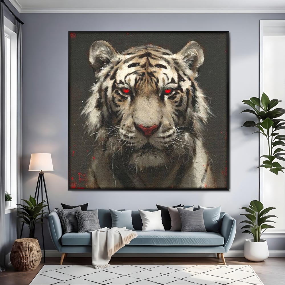 Tablou Canvas Premium, LuxCanva® M1214, Focul din Privire, Tigru, Alb, Rosu, Felina, Privire, Ochi, Fioros, Salbatic, Putere, Mistic, Portret, Furie, Birou, Living, Camera Copil