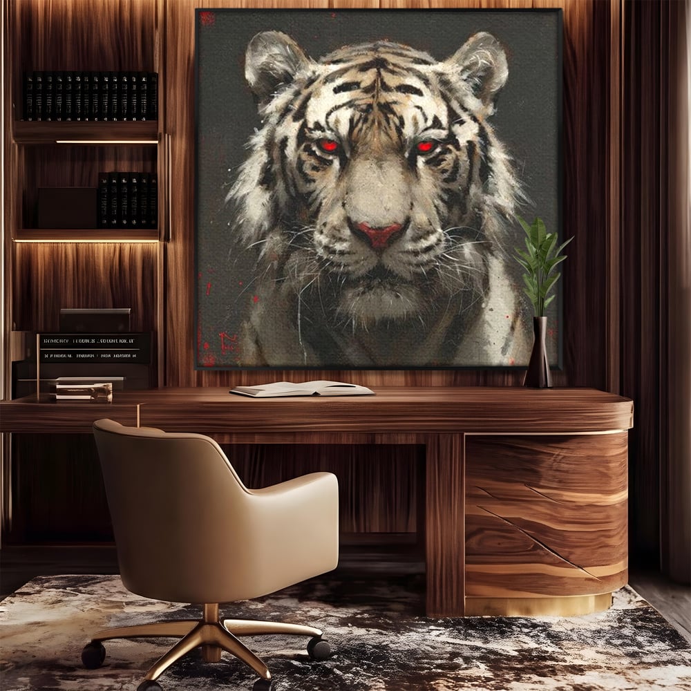 Tablou Canvas Premium, LuxCanva® M1214, Focul din Privire, Tigru, Alb, Rosu, Felina, Privire, Ochi, Fioros, Salbatic, Putere, Mistic, Portret, Furie, Birou, Living, Camera Copil