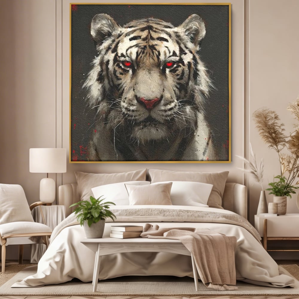 Tablou Canvas Premium, LuxCanva® M1214, Focul din Privire, Tigru, Alb, Rosu, Felina, Privire, Ochi, Fioros, Salbatic, Putere, Mistic, Portret, Furie, Birou, Living, Camera Copil