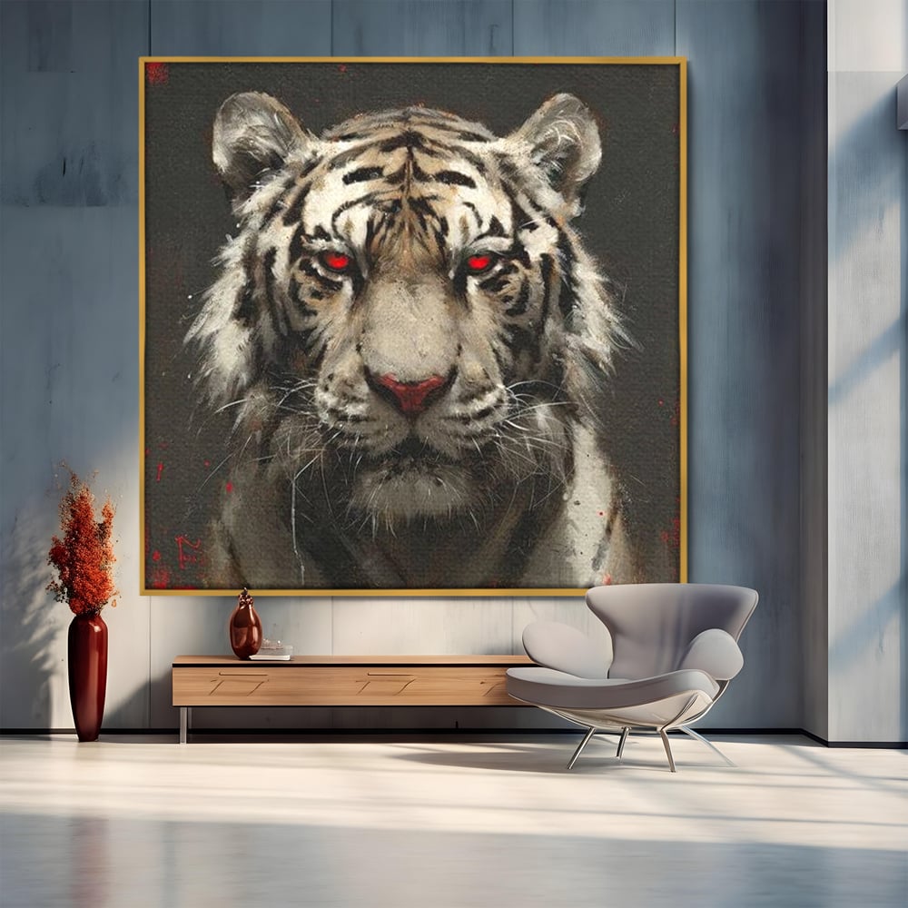 Tablou Canvas Premium, LuxCanva® M1214, Focul din Privire, Tigru, Alb, Rosu, Felina, Privire, Ochi, Fioros, Salbatic, Putere, Mistic, Portret, Furie, Birou, Living, Camera Copil