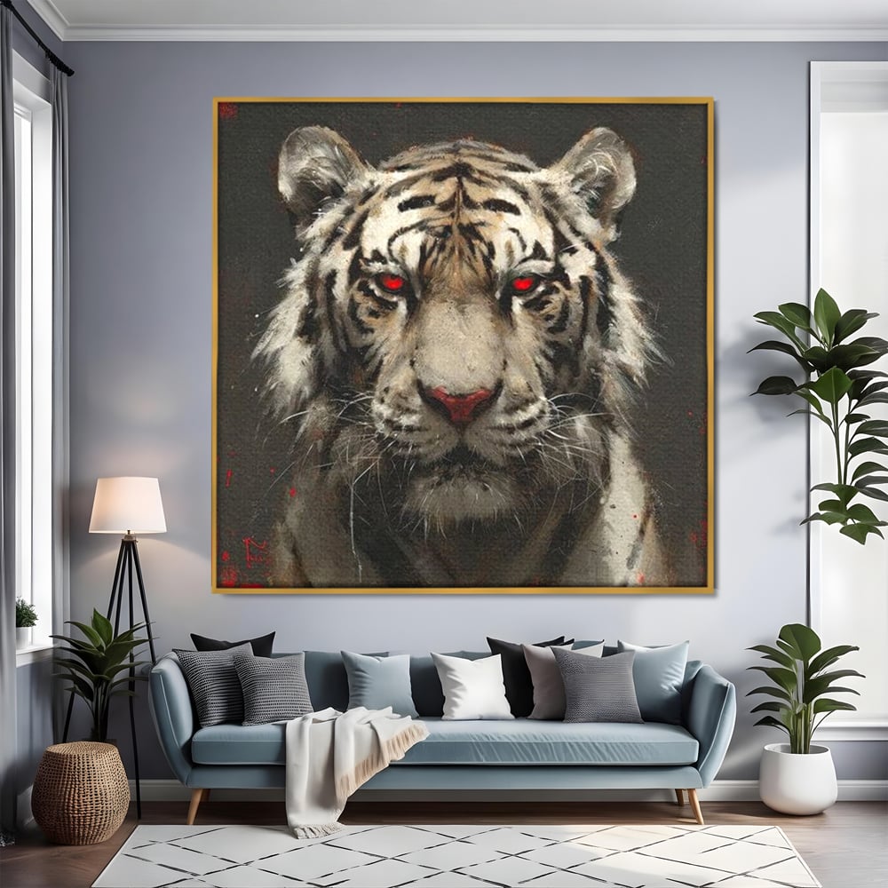 Tablou Canvas Premium, LuxCanva® M1214, Focul din Privire, Tigru, Alb, Rosu, Felina, Privire, Ochi, Fioros, Salbatic, Putere, Mistic, Portret, Furie, Birou, Living, Camera Copil