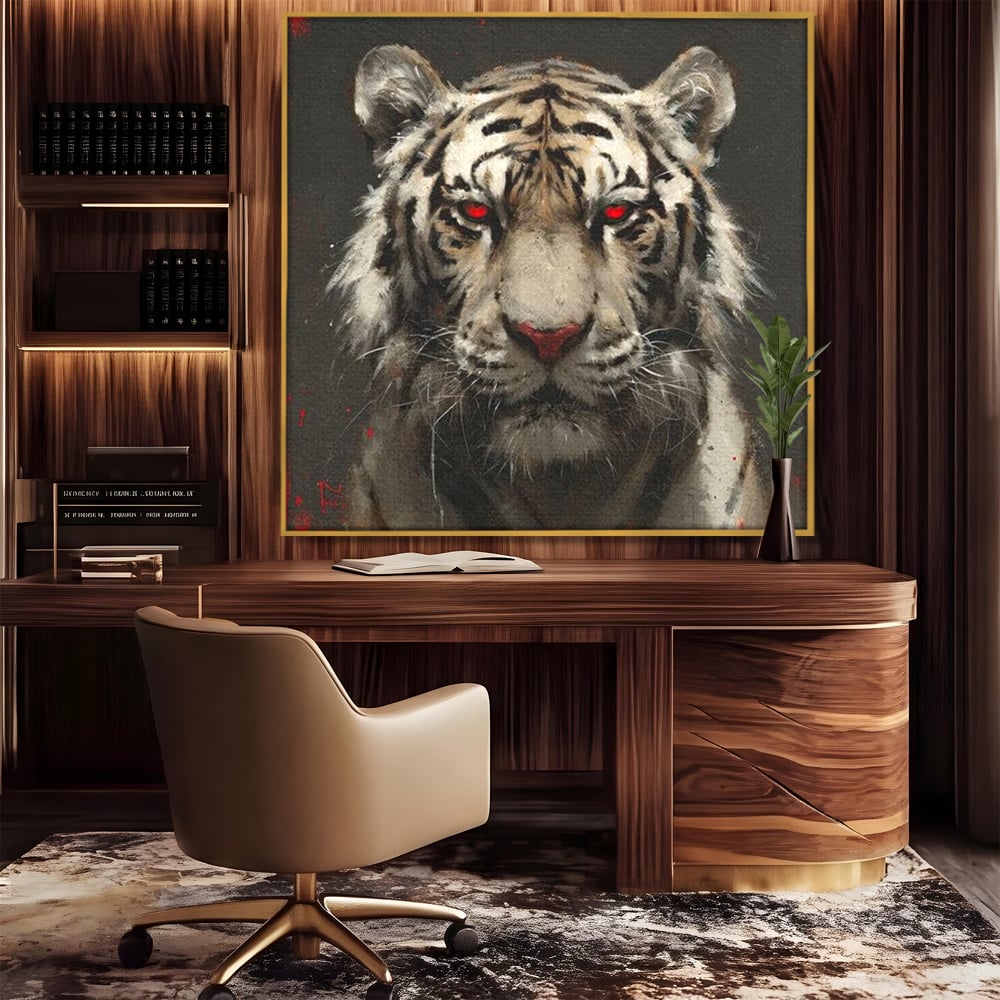 Tablou Canvas Premium, LuxCanva® M1214, Focul din Privire, Tigru, Alb, Rosu, Felina, Privire, Ochi, Fioros, Salbatic, Putere, Mistic, Portret, Furie, Birou, Living, Camera Copil