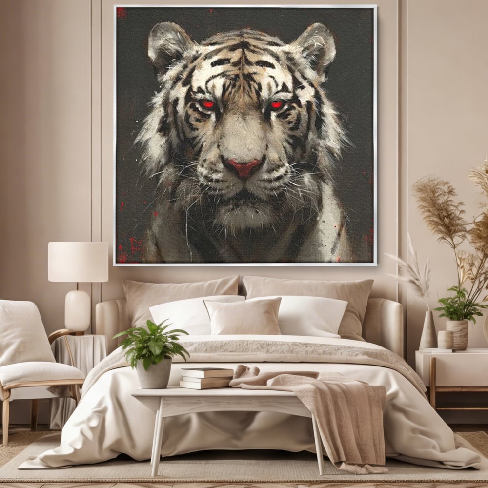 Tablou Canvas Premium, LuxCanva® M1214, Focul din Privire, Tigru, Alb, Rosu, Felina, Privire, Ochi, Fioros, Salbatic, Putere, Mistic, Portret, Furie, Birou, Living, Camera Copil