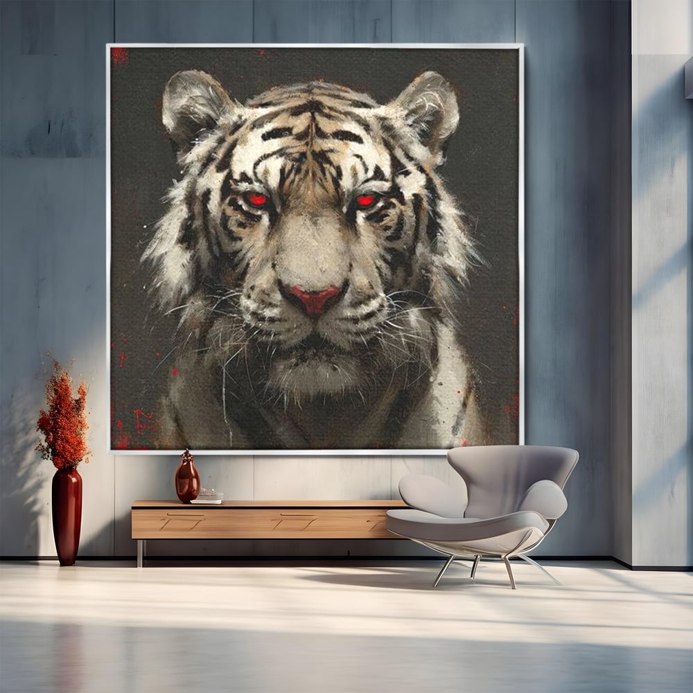 Tablou Canvas Premium, LuxCanva® M1214, Focul din Privire, Tigru, Alb, Rosu, Felina, Privire, Ochi, Fioros, Salbatic, Putere, Mistic, Portret, Furie, Birou, Living, Camera Copil