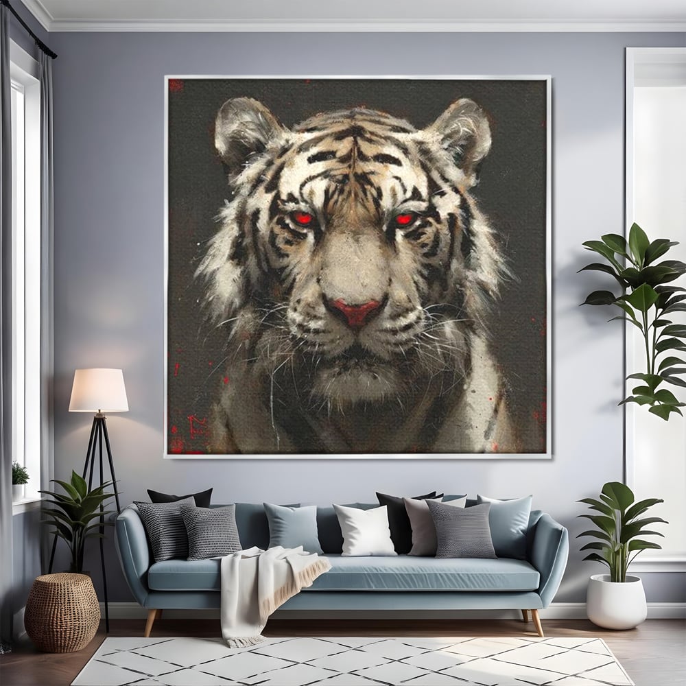 Tablou Canvas Premium, LuxCanva® M1214, Focul din Privire, Tigru, Alb, Rosu, Felina, Privire, Ochi, Fioros, Salbatic, Putere, Mistic, Portret, Furie, Birou, Living, Camera Copil