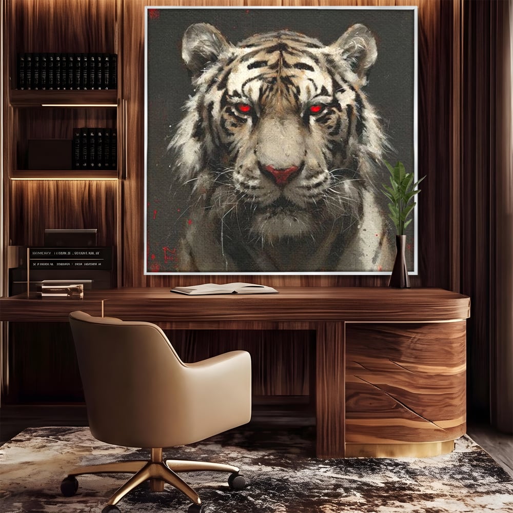 Tablou Canvas Premium, LuxCanva® M1214, Focul din Privire, Tigru, Alb, Rosu, Felina, Privire, Ochi, Fioros, Salbatic, Putere, Mistic, Portret, Furie, Birou, Living, Camera Copil