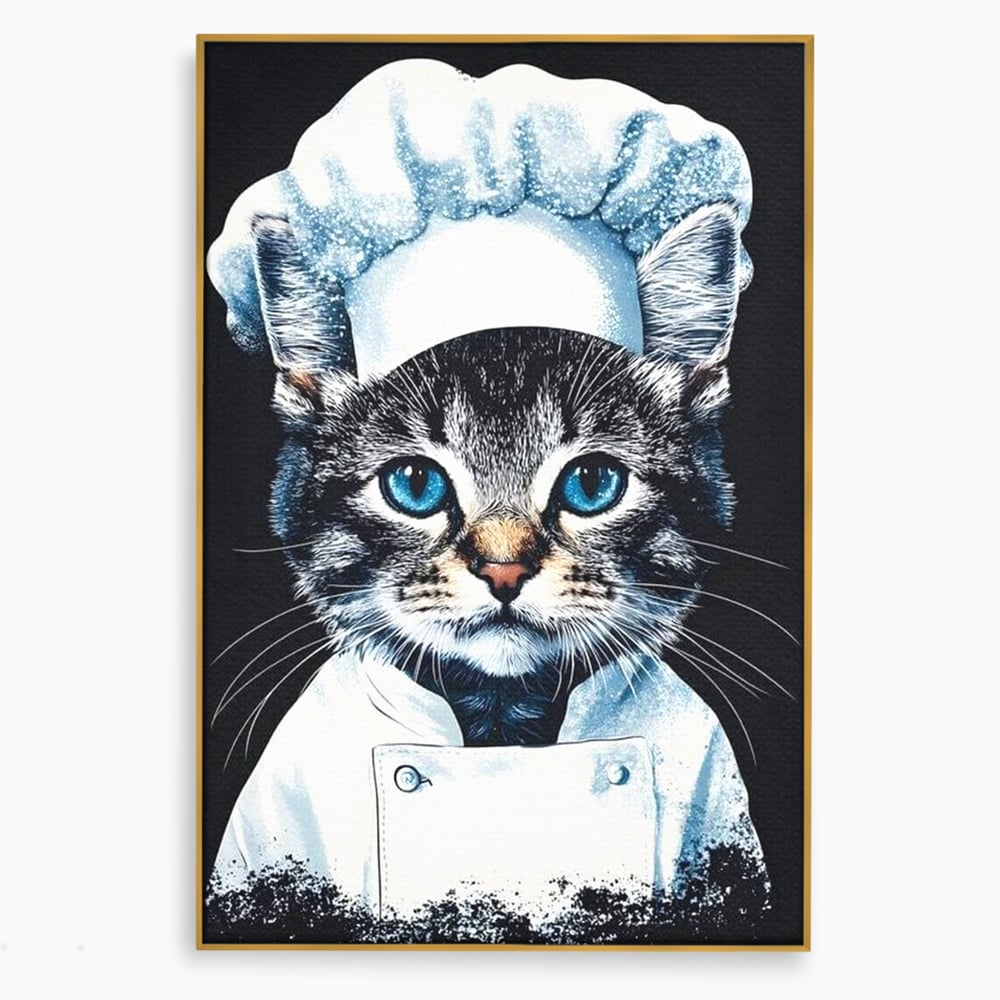 Fotoleinwand Canvas Premium, LuxCanva® M1215, Koch Gheruta, Katze, Küche, Gastronomie, Katze, Koch, Kostüm, Restaurant, liebenswert, fröhlich, heiter, flauschig, Büro, Wohnen, Wohnzimmer, Babyzimmer