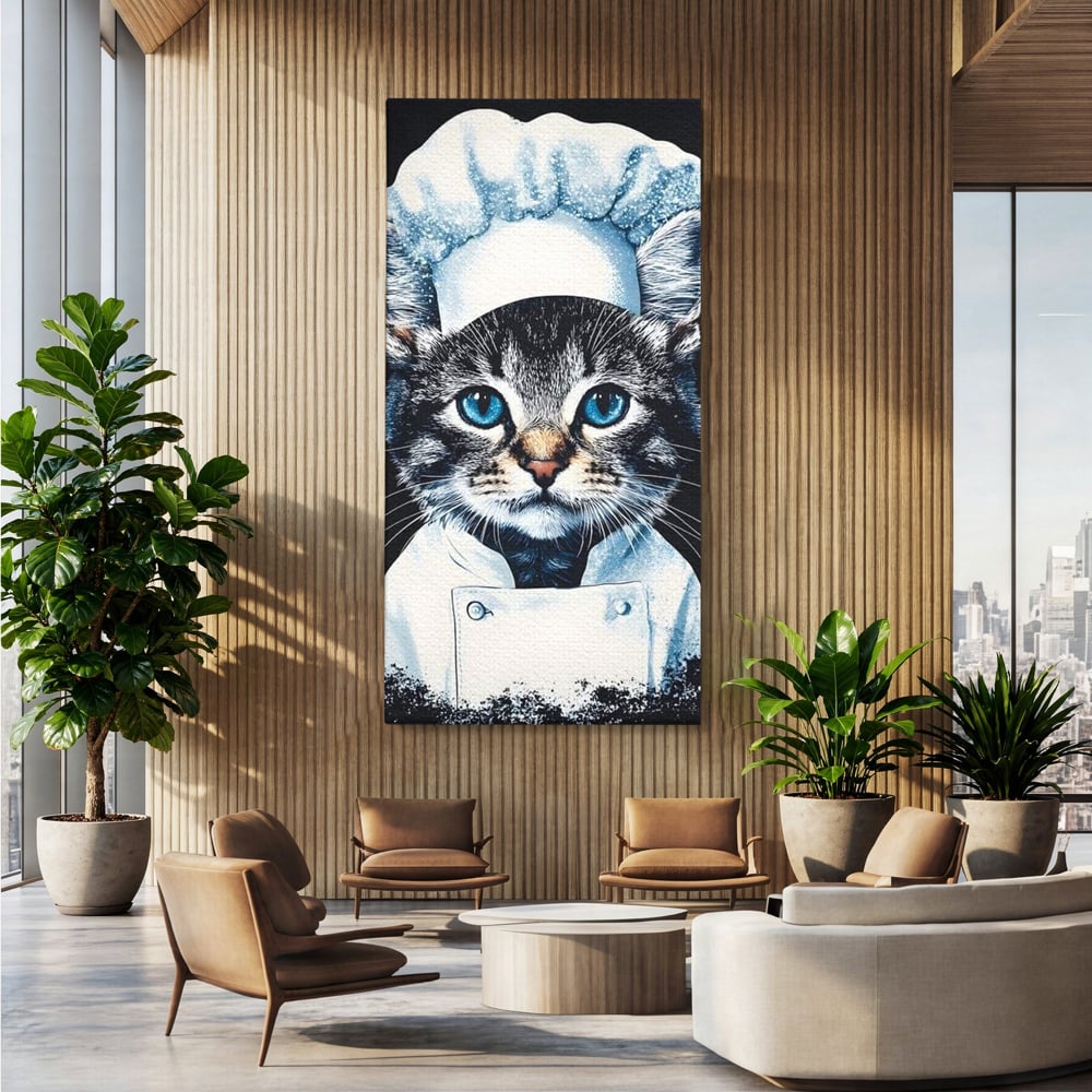 Fotoleinwand Canvas Premium, LuxCanva® M1215, Koch Gheruta, Katze, Küche, Gastronomie, Katze, Koch, Kostüm, Restaurant, liebenswert, fröhlich, heiter, flauschig, Büro, Wohnen, Wohnzimmer, Babyzimmer